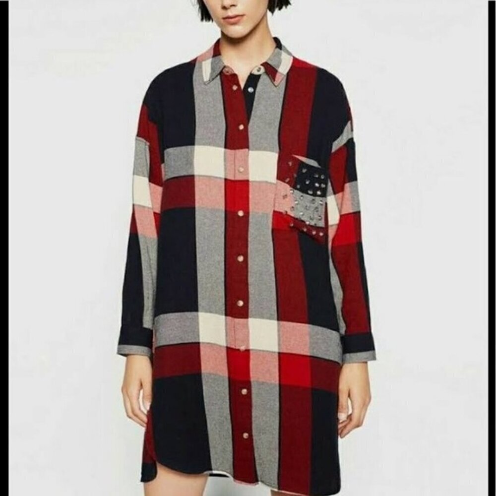 Zara Basic Size M Red Blue and Cream Plaid Studded Flannel Shirt Mini Dress